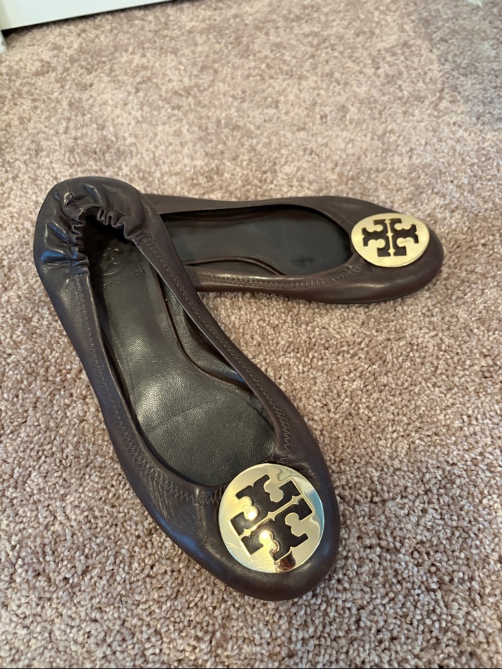 Tory Burch Dark Brown Leather Logo Ballet Flats with Gold Medallions